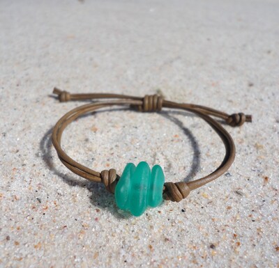 Leather Sea Glass Bracelet Beach Glass Bracelet Adjustable Handmade Beach Bracelet Gift for Mermaids Sea Glass Jewelry Leather Bracelet - image2